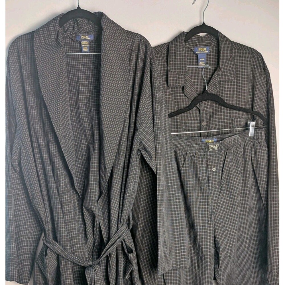 Polo Ralph Lauren Pajama Set Robe M Cotton Long Sleeve Black Micro Check Lounge